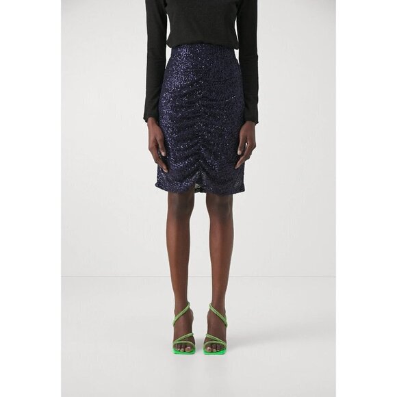 2nd Day NEW women Navy Blue sequin pencil skirt sz 36 (Small) BNWT ruched - Picture 1 of 9